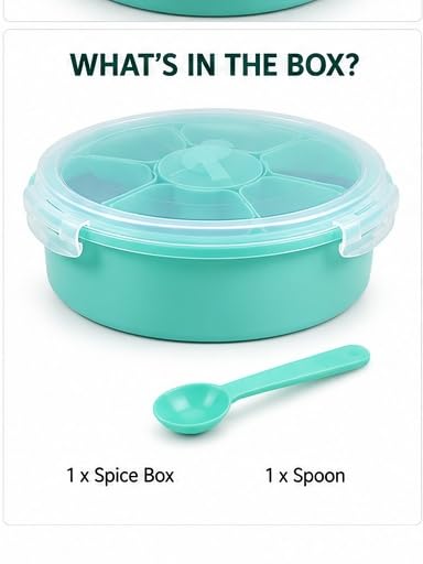 Image of Spice Box for Kitchen 7 Compartment Masala Box with Spoon (Multicolour)