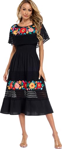 Image of YZXDORWJ Women Embroidered Mexican Peasant Casual Sexy Lace Off-Shoulder Long Dress