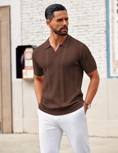 Image of COOFANDY Mens Knit Polo Shirts V Neck Textured Polo Shirts Short Sleeve Breathable Polo Casual Collared T Shirt Fashion Tops