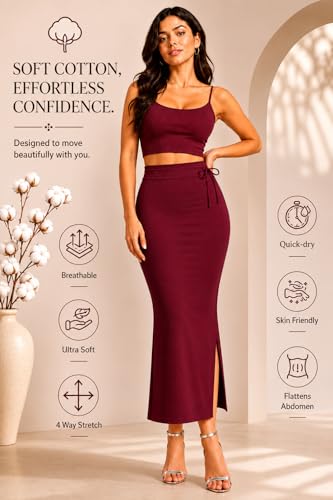 Image of Stretchable Cotton Saree Shapewear Petticoat for Women | Breathable Saree Shaper with Drawstring & Side Slits | Seamless Inskirt Petticoat for Saree Lehenga Gown | S-5XL