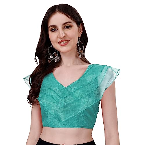 Image of Pujia Mills Women's V Neck Orgenza Three Layer Ruffle Sleeve Frill Readymade Saree Blouse