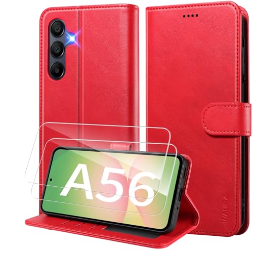 WAURZ Coque pour Samsung Galaxy A56 5G Etui Coque avec 2 Verre Trempé Porte Carte Clapet à Rabat Portefeuille Cuir Case Housse Protection Flip Cover Étui Coque pour...