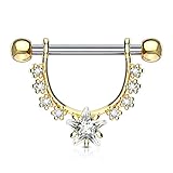 Star CZ Center with Lined Prong CZs Dangle 316L Surgical Steel Nipple Rings (Gold/Clear)