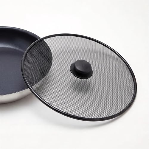 GEEZY Splatter Screen for Frying Pan 29cm - Prevents Hot Grease Skin Burns Fine Mesh Steel Lid Central Handle Steam Release - Splatter Guard for Cooking Meat Keeping Stoves Clean