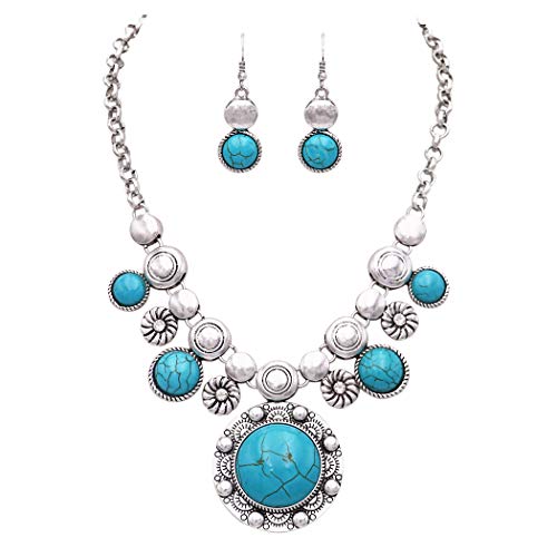 Rosemarie Collections Womens Southwestern Style Circular Turquoise Concho Statement Necklace Earrings Set