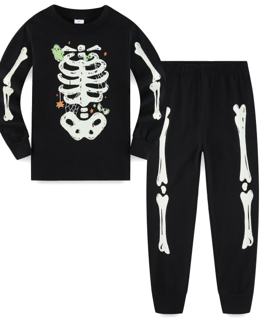 Funnymore Boys Halloween Skeleton Pajamas Cotton Pjs Set Toddler Little Kids Skull Shirt Halloween Pants Sleepwear Nightwear Clothes Outfits Glow in the Dark Skeleton Size 7