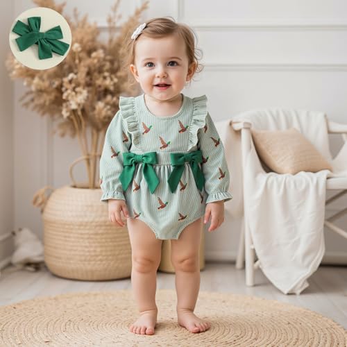 Newborn Baby Girls Duck Fall Clothes Striped Duck Embroidery Ruffled Long Sleeve Bubble Romper with Headband Set3