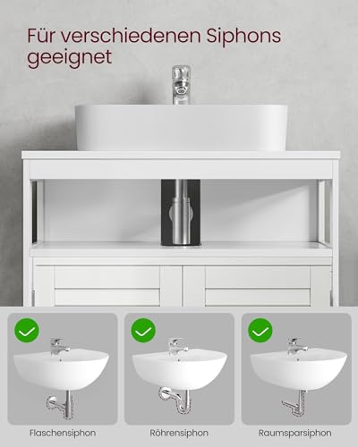 VASAGLE Waschbeckenunterschrank, Badezimmerschrank, Aufbewahrungsschrank, 30 x 60 x 60 cm, mit 2 Lamellentüren, offenes Fach, verstellbare Regalebene, mit Griffen, wolkenweiß BBC02WT