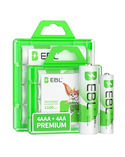 EBL AA Rechargeable Batteries 2800mAh 4 Pack and AAA Rechargeable Batteries 1100mAh 4 Pack, 1.2V Ni-Mh AA AAA Batteries Combo