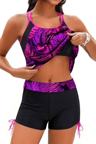 Image of Holipick Tankini Swimsuits Two Piece Tummy Control Bathing Suits Blouson Swim Tank Top with Boy Shorts