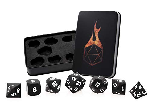 Forged Dice Co Metal Dice Set - Polyhedral Dice Set of 7 with Dice Storage Tin and Stickers - Metal DND Dice and Gaming Dice for Dungeons and Dragons RPG Games Black Raven w/ White Numbers