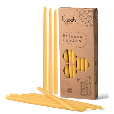 Hyoola Beeswax Taper Candles - 25 Pack - Handmade, All Natural, 100% Pure Scented Bee Wax Candle - Tall, Decorative, Golden Yellow - 9” Tall - Handmade in The USA Cover