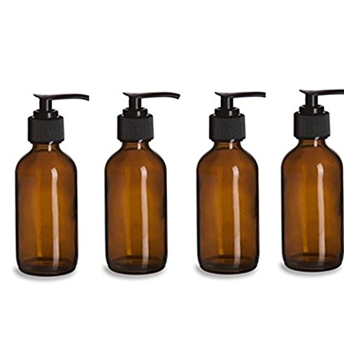 4 Ounce Amber Glass Bottles with Black Hand Pump with Gift Card & Envelope [Pack of 4]