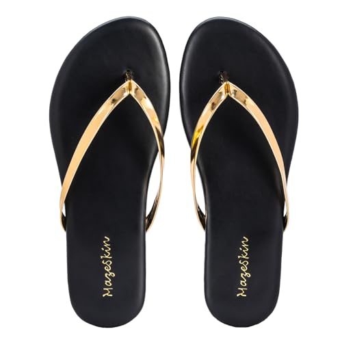 Image of mazeskin Women's Memory Foam Comfortable Flat Thong Sandals Dressy Summer Beach Leather Slide Flip Flops