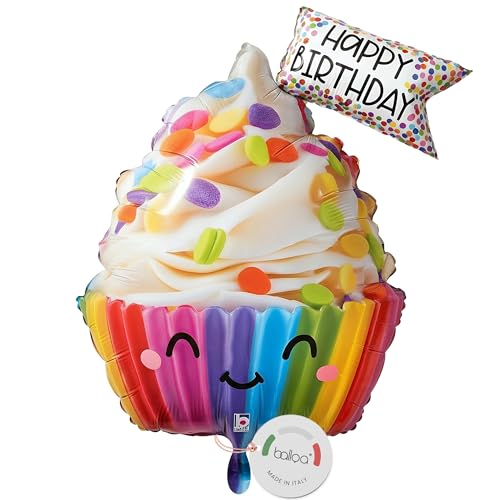 balloa Folienballon XXL Cupcake Happy Birthday Helium Ballon bunte Deko Luftballon Geburtstag mit Spruch Geschenk zum Geburtstag für Kinder und Erwachsene Partydeko Cupcake Ballon 71cm