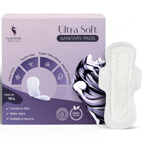 Flawsome Almohadillas sanitarias 100 % orgánicas | Alta absorción | Almohadillas sanitarias de algodón | Suave y sin erupciones | Sin toxinas | Talla L | Paquete de 10