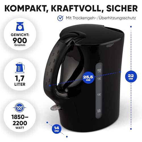 Clatronic® Wasserkocher | Kettle | Wasserkocher 1,7 L mit automatischer & manueller Abschaltung | herausnehmbarer Kalkfilter | max. 2200Watt | Wasserkocher | WK 3819 schwarz