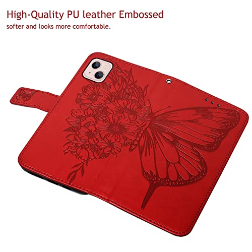 Moment Dextrad Compatible For Iphone 13 Wallet Case,For Iphone 14 Wallet Case 2022,[Kickstand][Wrist Strap][Card Holder Slots] Butterfly Floral Embossed Pu Leather Flip Cover (Red) #TOP1