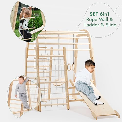 Image of Goodevas Wooden Kids Climbing Frame Indoor - Montessori Playground with Slide, Climbing Wall & Rope Ladder - Enhanced Montessori Gym for Children Ages 3 to 8