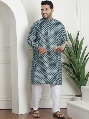 Image of SOJANYA Plus (Since 1958) Men's Cotton Blend Printed Kurta with White Churidar Pyjama