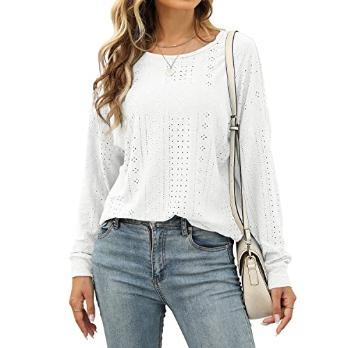 Davenil Womens Long Sleeve Crew Neck Shirts Eyelet Loose Casual Dressy Tunic Tops White Size Xxl #TOP2