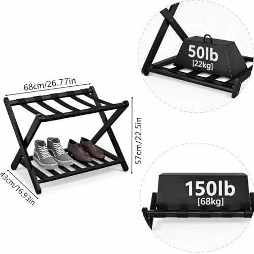 Image of Folding Luggage Rack for Guest Room Foldable luggage Racks for Suitcase Stand with Nylon Straps, Luggage Stand Double Tiers Metal Luggage Holder with Shelf for Bedroom, Hotel, No Assembly Required (Metal black powder coating)