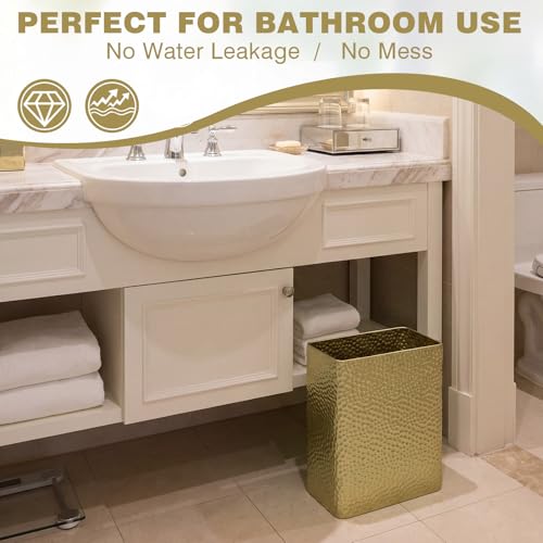 Image of Maxdot 10.63 x 8.86 x 5.51 inches Gold Trash Can for Bathroom Small Metal Waste Basket, Hammered Garbage Can with Brass Finish, Decorative for Bedroom, Office, Kitchen (Rectangle)