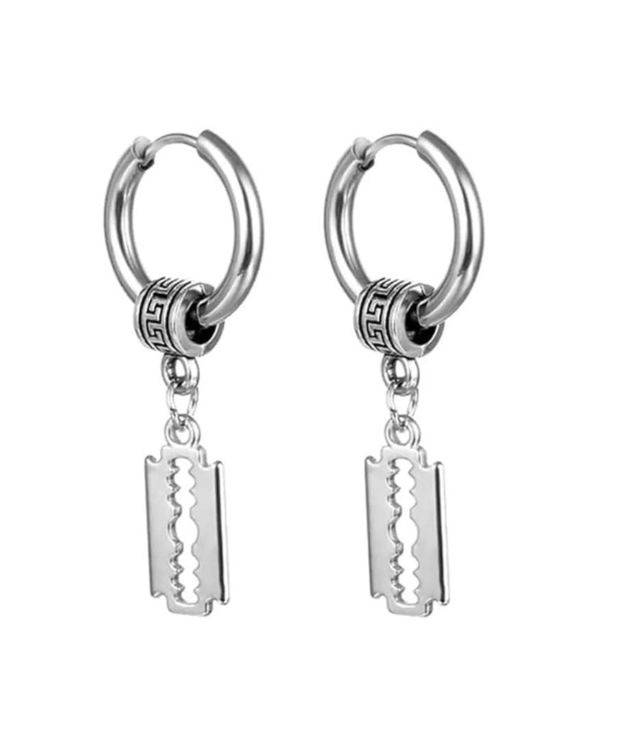 Hoop Earrings with Razor Blade Charm, Silver, Stainless Steel, Greek Key Design-image-18