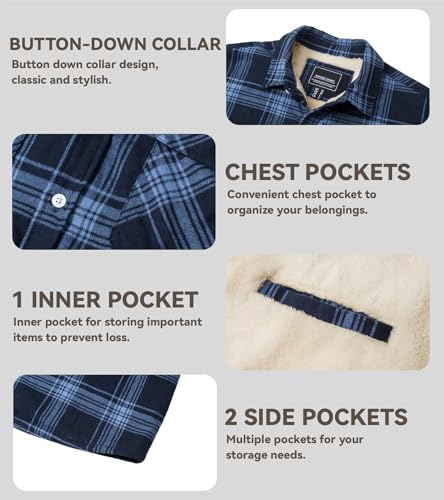 EKLENTSON Men's Winter Thick Fleece Lined Warm Plaid Flannel Shirt Jackets Casual Button Down 3 Pockets Sherpa Coats