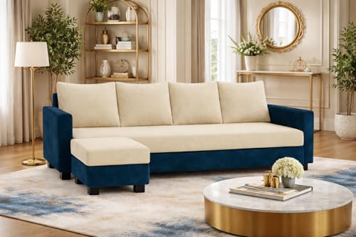 Image of SOCOZI Braven 5 Seater L Shape Sofa Set with Movable Ottoman | Flexible Layout | Soft Velvet Suede Fabric | Modern Design | Plush Comfort Cushions for Living Room (Green Teal-Cream)