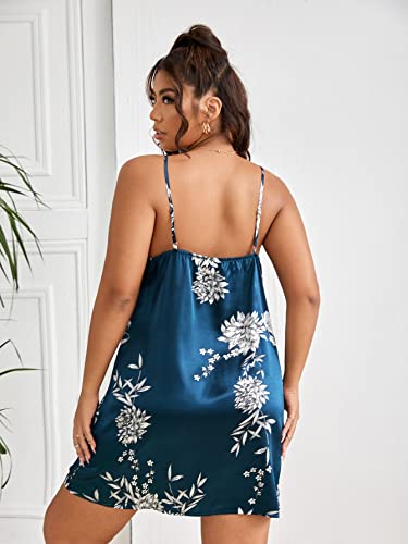 Wdirara Women's Plus Size Graphic Cami Chemise Slip Nightdress Night Shirts Sleepwear Satin Floral Blue 3Xl #TOP1