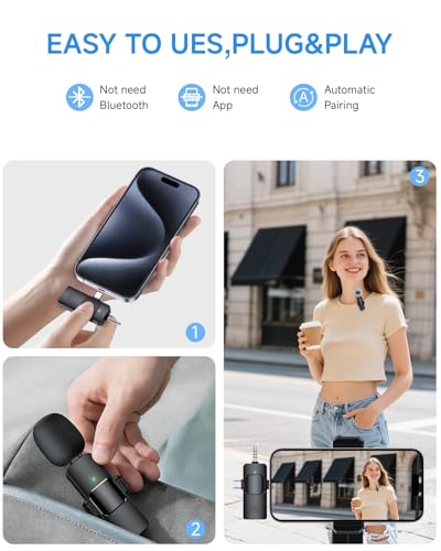 Image of PQRQP Mini Microphone for iPhone - 3 in 1 Wireless Microphones for iOS /Android /Camera, Studio-Quality Audio, Plug & Play Clip Mic for Video Recording Podcast