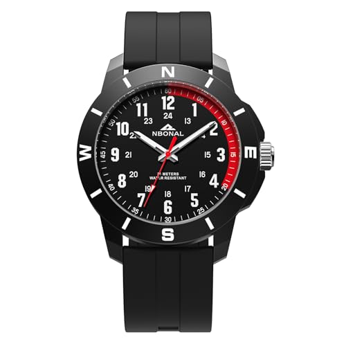NBONAL Sport Field Watch for Men Black Tactical Watch 50M Waterproof 24 Hour Military Luminous Dial Casual Quartz Wristwatch (NB-232-1) Black Band