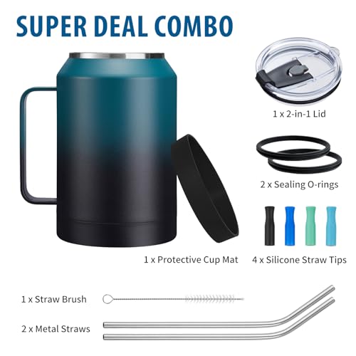 Image of 32 /50oz Mug Tumbler with Handle and Straw - 32 oz Stainless Steel Wide Mouth Travel Coffee Cups w / Lid, Reusable Home Office Work Mugs, Double Wall Vacuum Insulated Bottle Keep Cold 36 Hrs Hot 24 Hrs