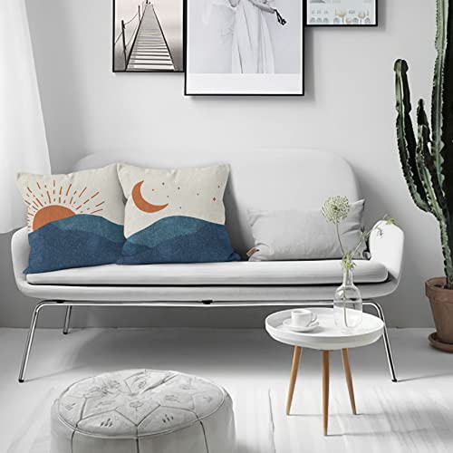 Hiwx Abstract Boho Sun Moon Blue Mountains Decorative Pillowcase Throw Pillow Cover, Modern Art Sunrise Sunset Landscape For Sofa Bed Room Home Bohemia Decor 18 X 18 Inch Set Of 2 Pillow Case #TOP1