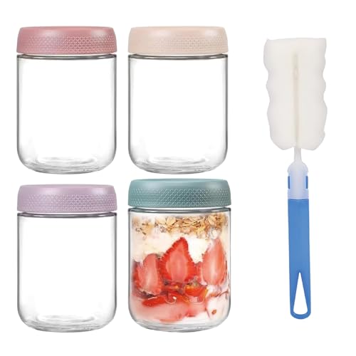 DYUEE 4-pack 16oz Glass jars with Airtight Screw Lids, Leakproof Overnight Oats Containers, Glass Clear Storage Canister for Snacks, Yogurt, Cereal, Fruit, Salad, Spice, Sugar, Coffee, Tea
