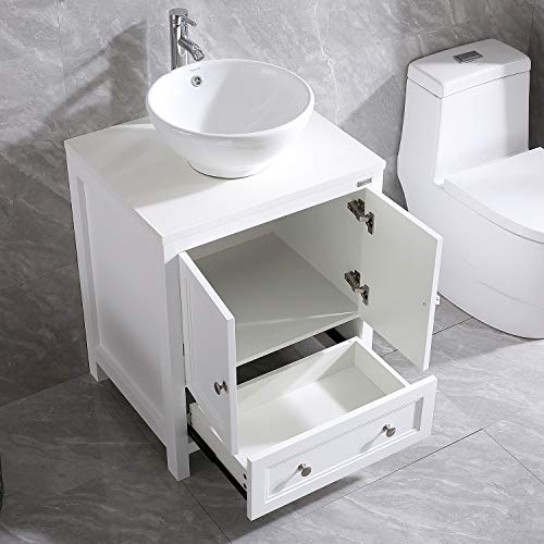 Wonline 24” White Bathroom Vanity Wood Cabinet Round Sink Combo Top Ceramic Vessel Sink Chrome Faucet Drain With Mirror Vanities Set #TOP6