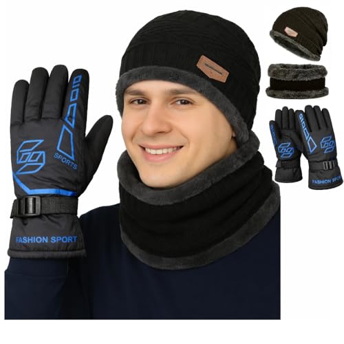 Image of K D Winter Wear 3-in-1 Cap Muffler Gloves Set for Adults | Woolen Beanie cap, Mafler Scarf & Hand Gloves | Thermal, Fleece-Lined, Unisex Winter Accessories (Gloves /cap-Mafler - Black)