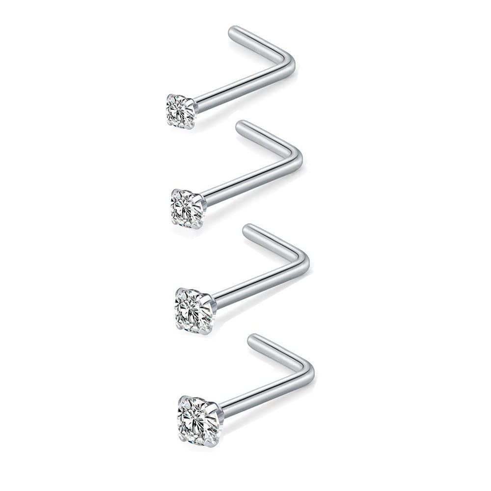 Dainty L Shaped CZ Nose Studs 20G Hypoallergenic,Silver Nose Rings Studs:1.5mm 2.0mm 2.5mm 3.0mm CZ Bend Shaped Nostrial Body Piercing Jewelry,Set of 4Pcs