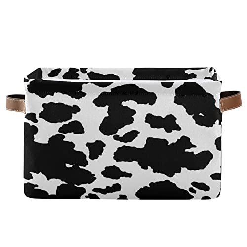 Contenedor de almacenamiento plegable rectangular con estampado de vaca animal, organizador grande de tela, 1 unidad con asas de cuero para ropa, juguetes, libros, cocina, lavandería