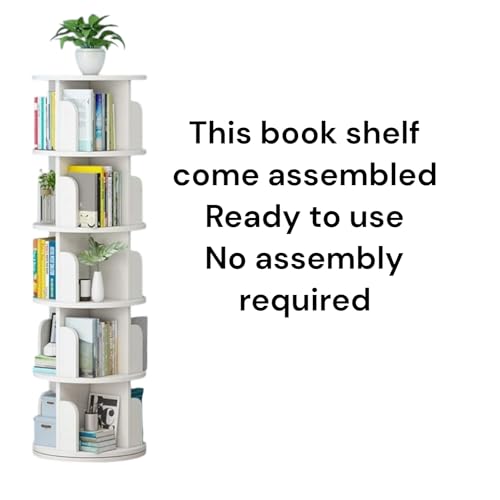 Image of AESTHETIC DECOR Wooden Rotating 360 Degree Preassembled Bookshelf Tower Open Rack Organiser Space-Saving 5 Tier Corner Stand for Home Library Kids Room White Ready to Use Multipurpose