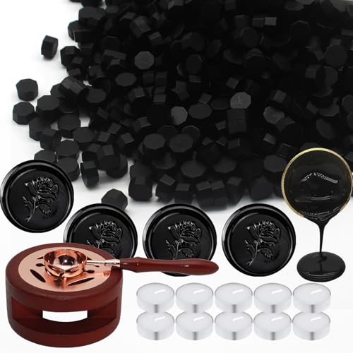 Andotopee Wax Seal Beads Kit - 300pcs Black Sealing Wax Beads with Wood Melting Warmer, Spoon & 10 Mini Candles for Stamp Seals, Wedding Invitation, Envelope, Cards, Gift Wrapping Decorations