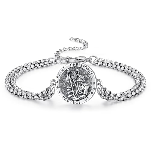 St Michael/St Christopher Bracelet for Men Adjustable Bracelet Religious Protection Jewelry Amulet Gift for Men Women with 7.5+2 Inch Stainless Steel Chain