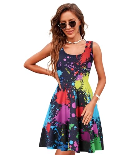 Image of uideazone Women Funny Print Sleeveless U Neck A Line Casual Midi Dress | Soft Stretchy Breathable Fabric Flared Swing Sundress Fitted Waist for Daily Wear 80 /90s Themed Party Beach Vacation Trips