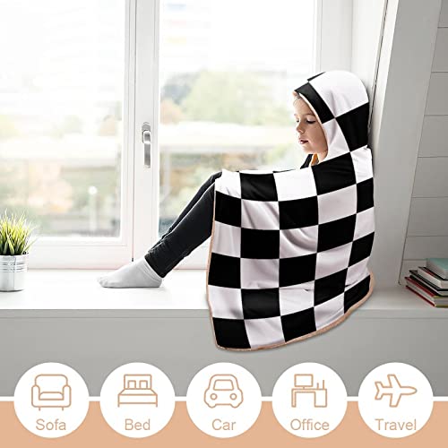 White Black Checkered Wearable Hooded Throw Blanket Warm Poncho Cloak Cape Wrap Blanket For Bed Couch Travel 50"X60" #TOP4