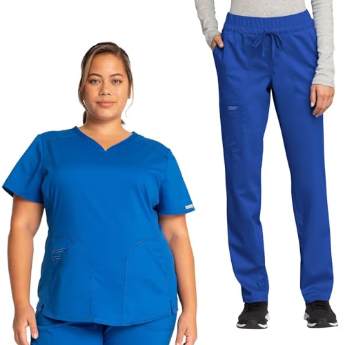 Tenue médicale Cherokee bleu roi pour infirmière avec haut col en V et pantalon ajusté