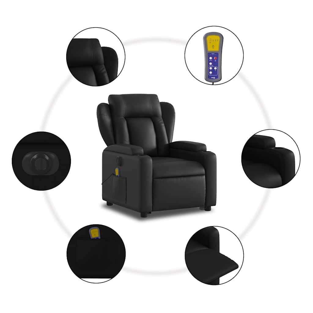 Sillón elevador eléctrico eléctrico negro de piel sintética con 6 puntos de vibración y función de reclinación automática, cómodo asiento y elevación eléctrica para adultos,