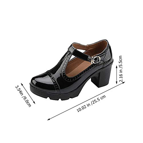 Sapato feminino Jane clássico plataforma salto médio Oxford cabeça redonda sapato social com fivela,