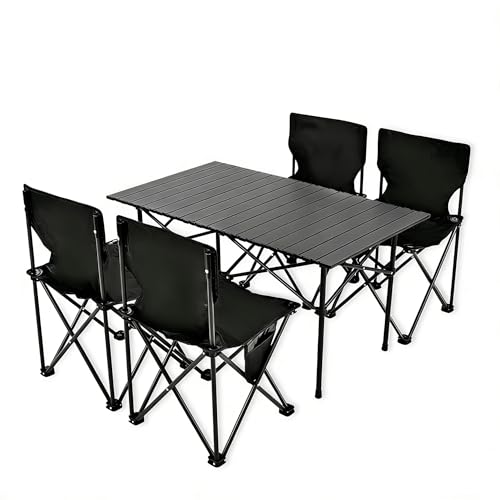 FXKS Camping Table Folding Portable Camp Table with 4 Chairs Folding Picnic Table with Carry Bag Indoor Outdoor for Camping Beach Patio RV Backyard BBQ Sturdy Stable Easy to Carry Black