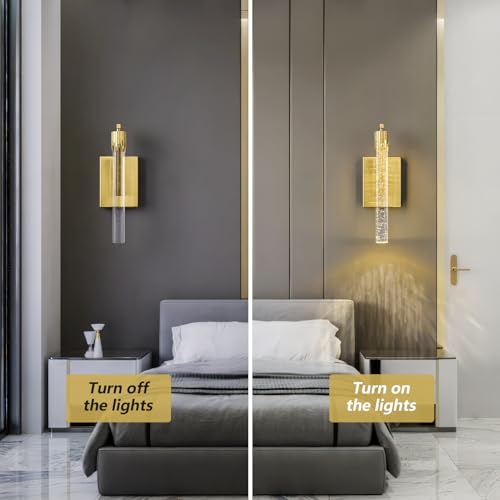 Image of Gold LED Wall Sconce Set of Two with Bubble Crystal Stick Wall Light Modern Bathroom Vanity Light Fixture for Bedroom Bedside Hallway